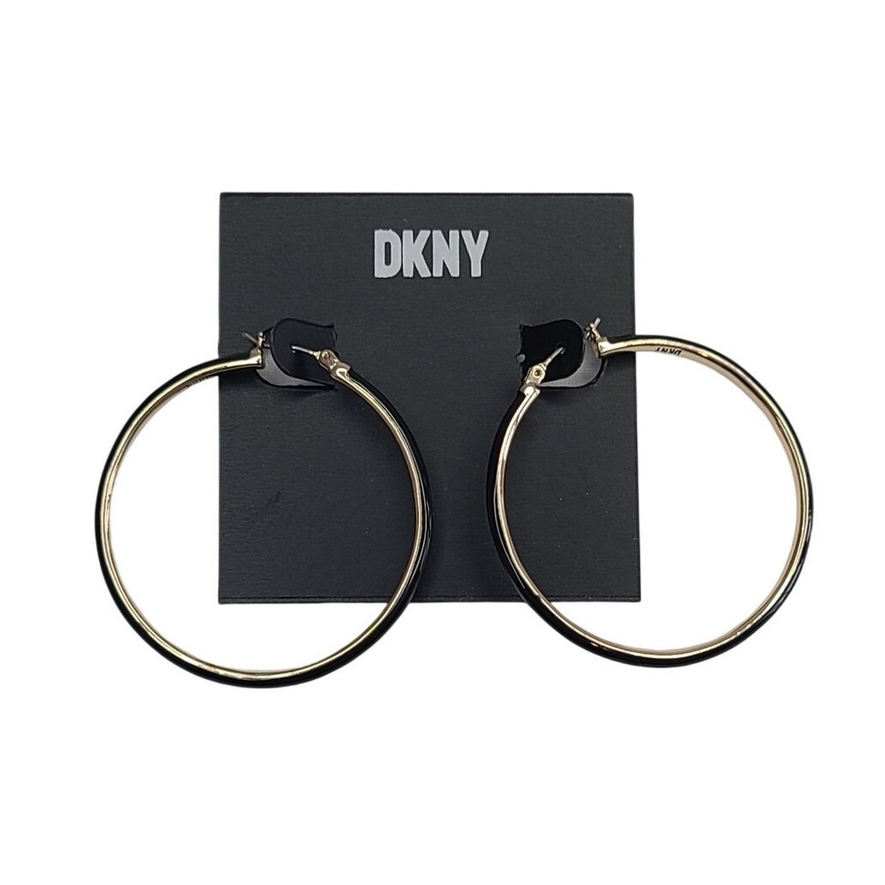 DKNY Hoop Earrings Black Gold Tone Large‎ Statement Women